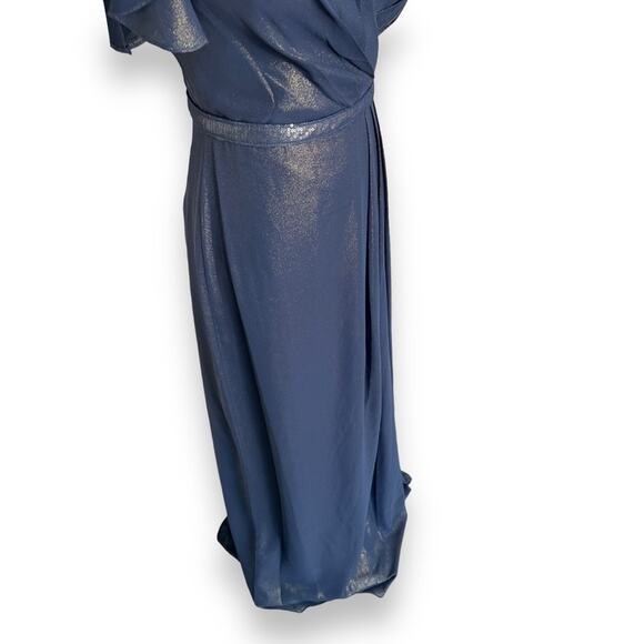 NEW Nordstrom Blue Gold Shimmer Gown Size 2 Flutter Sleeve Ruffle Metallic Dress - Picture 5 of 12
